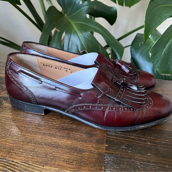 Salvatore Ferragamo LUCAS Wing Tip  Burgundy Leather Tasseled Kiltie Loafers 8 D - Picture 3 of 12